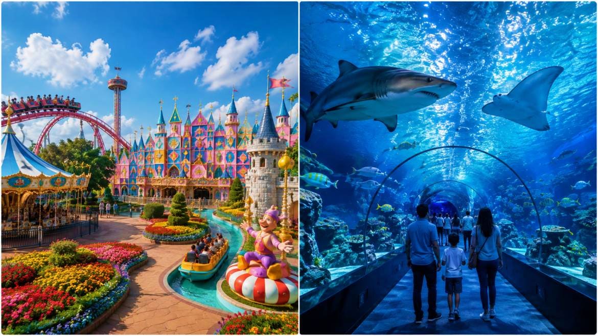 Left: Colorful fantasy castle with roller coaster and flower gardens at theme park. Right: Family viewing sharks and fish thr